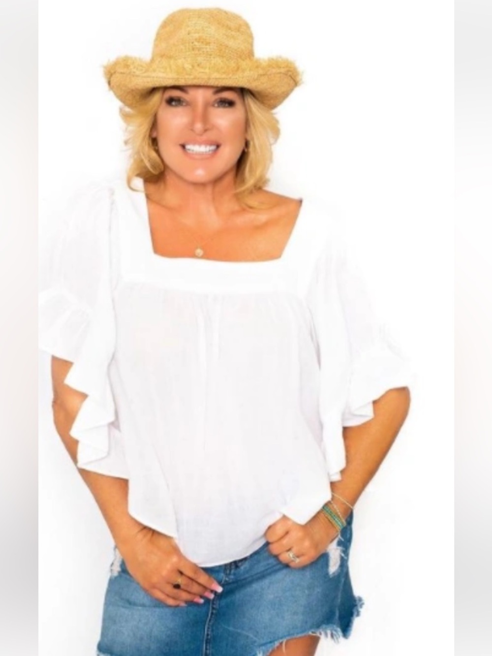 Madewell White Square-Neck Ruffle Sleeve Top